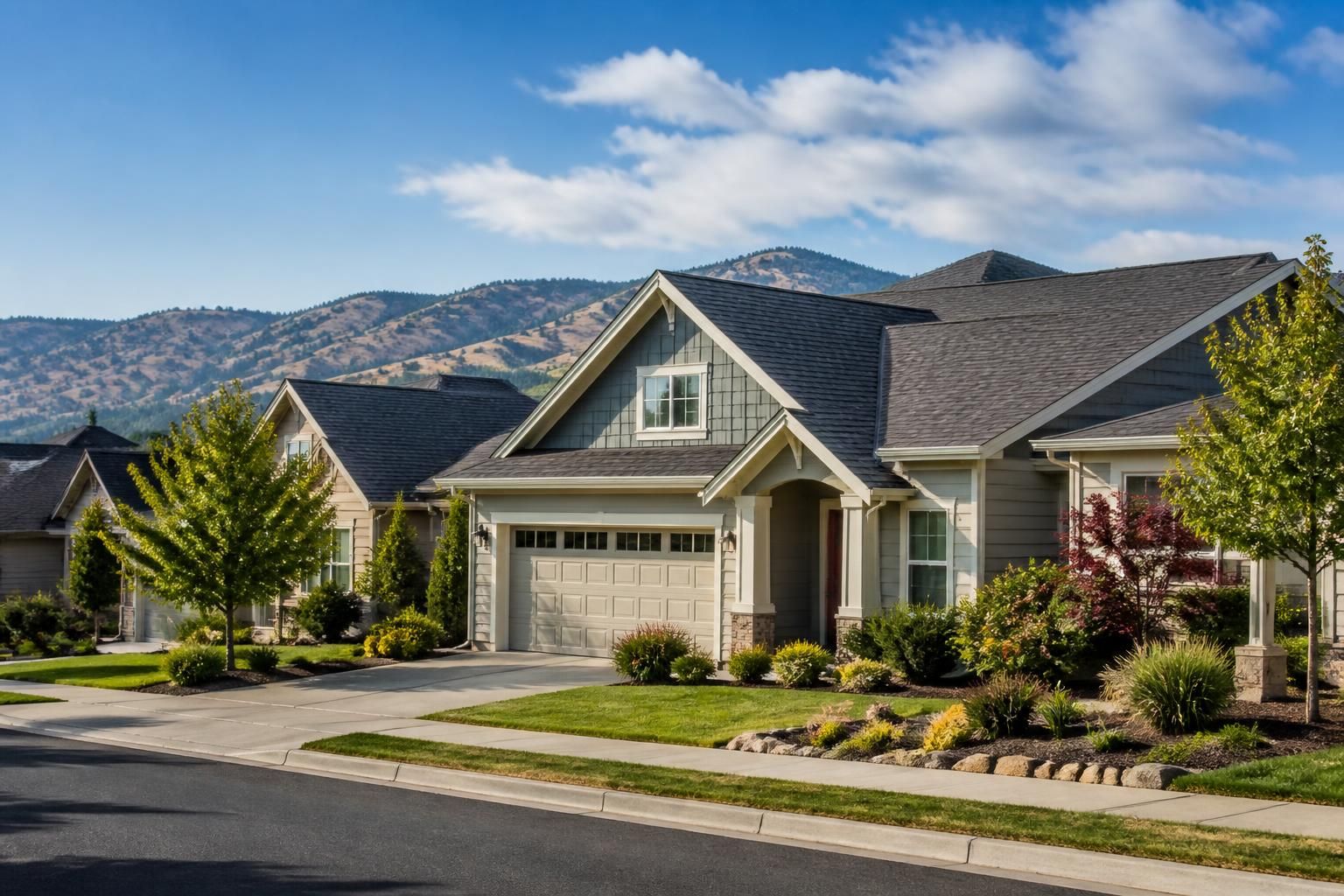 Welcoming Albany neighborhood with a prominent residential roofline.