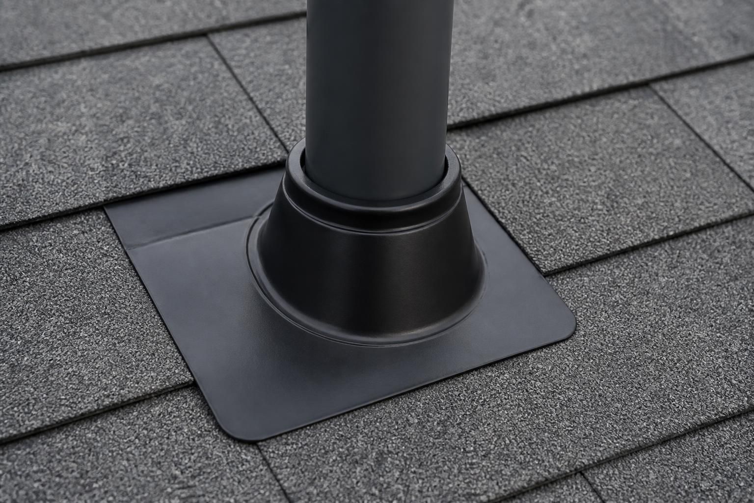 Sealed pipe boot and flashing on a finished roof.