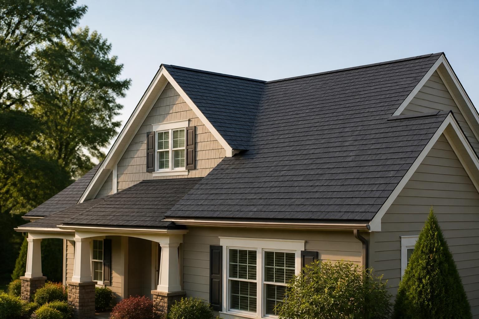 Newly replaced roof on a home in soft natural daylight.