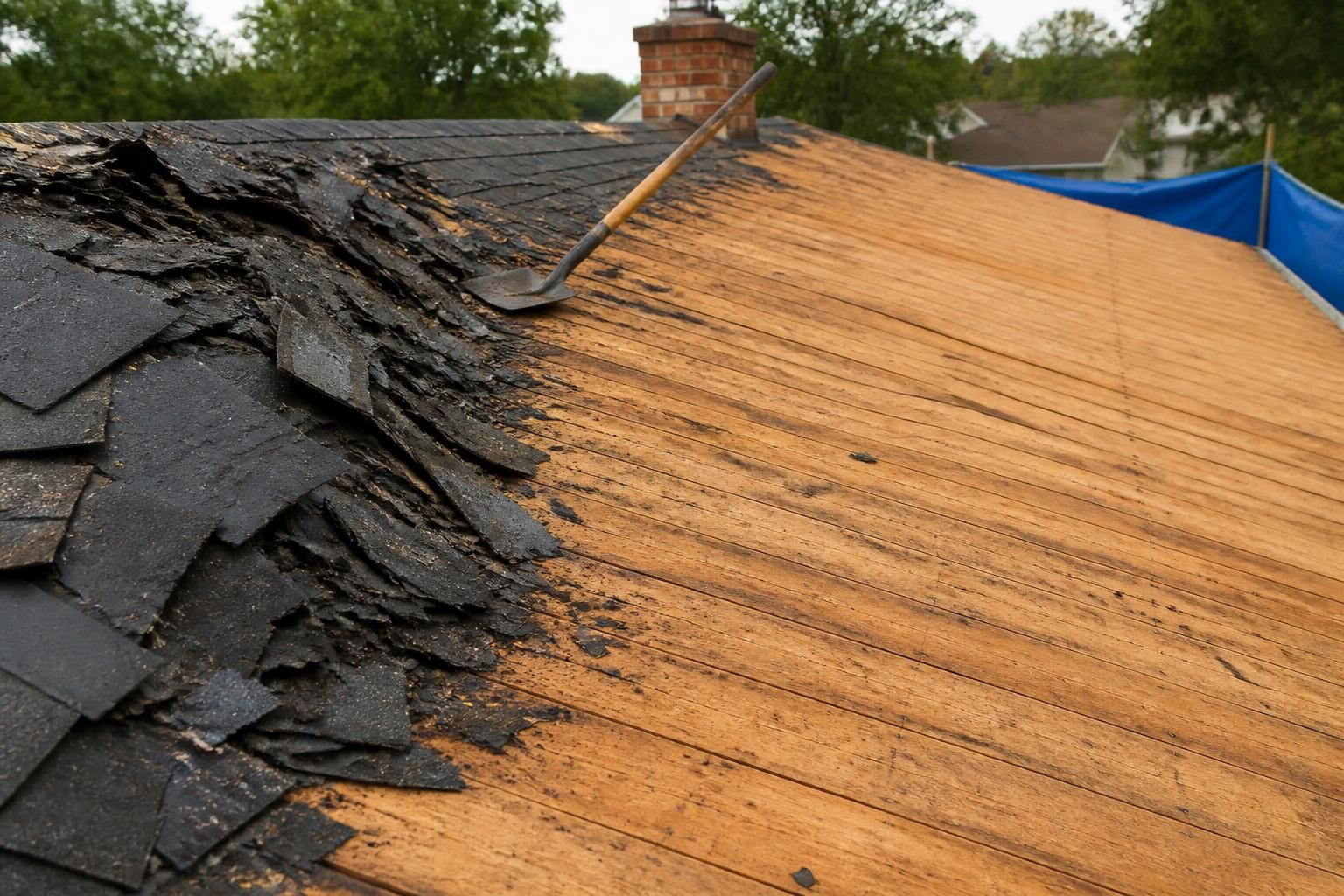 Exposed roof deck after old shingles have been removed.